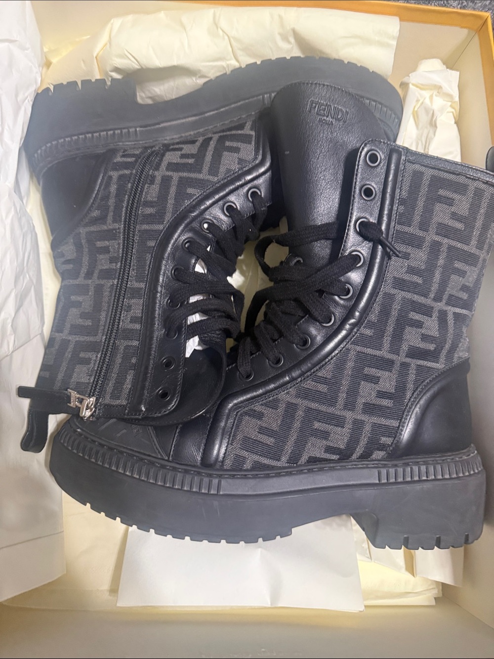 Fendi Black FF Logo Platform Combat Boots